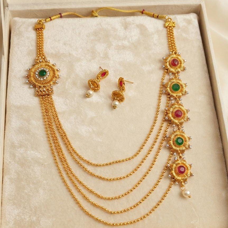 Royal Rajwadi Multi-Layer Gold Plated Necklace Set | Red Green Stone Kundan Necklace with Earrings | Bridal Party Wear Jewelry